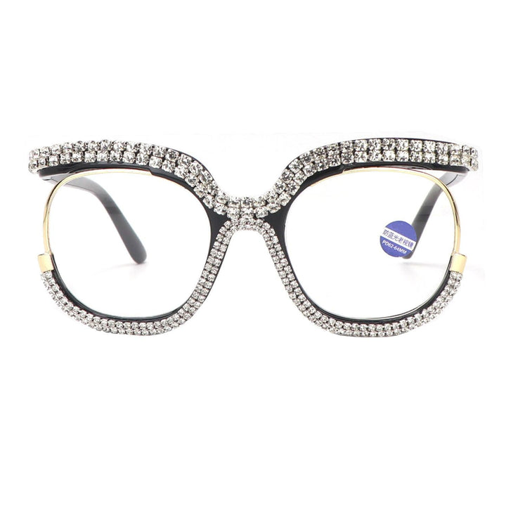 Rhinestone Reading Glasses for Women Round Oversized Stylish Blue Light Blocking Eyeglasses 